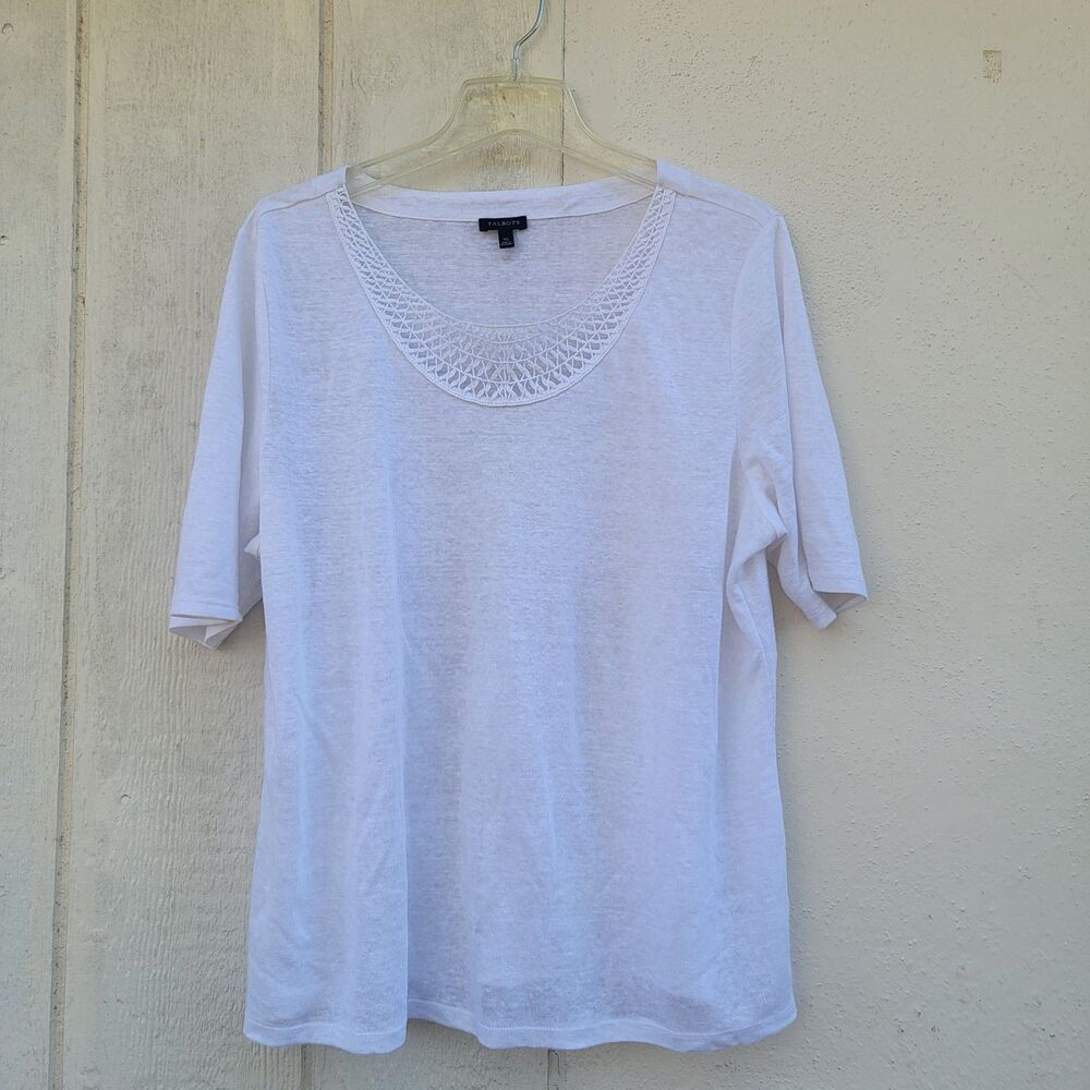 Talbots 100 % linen embroidered detail white short sleeve top wmns sz XL
